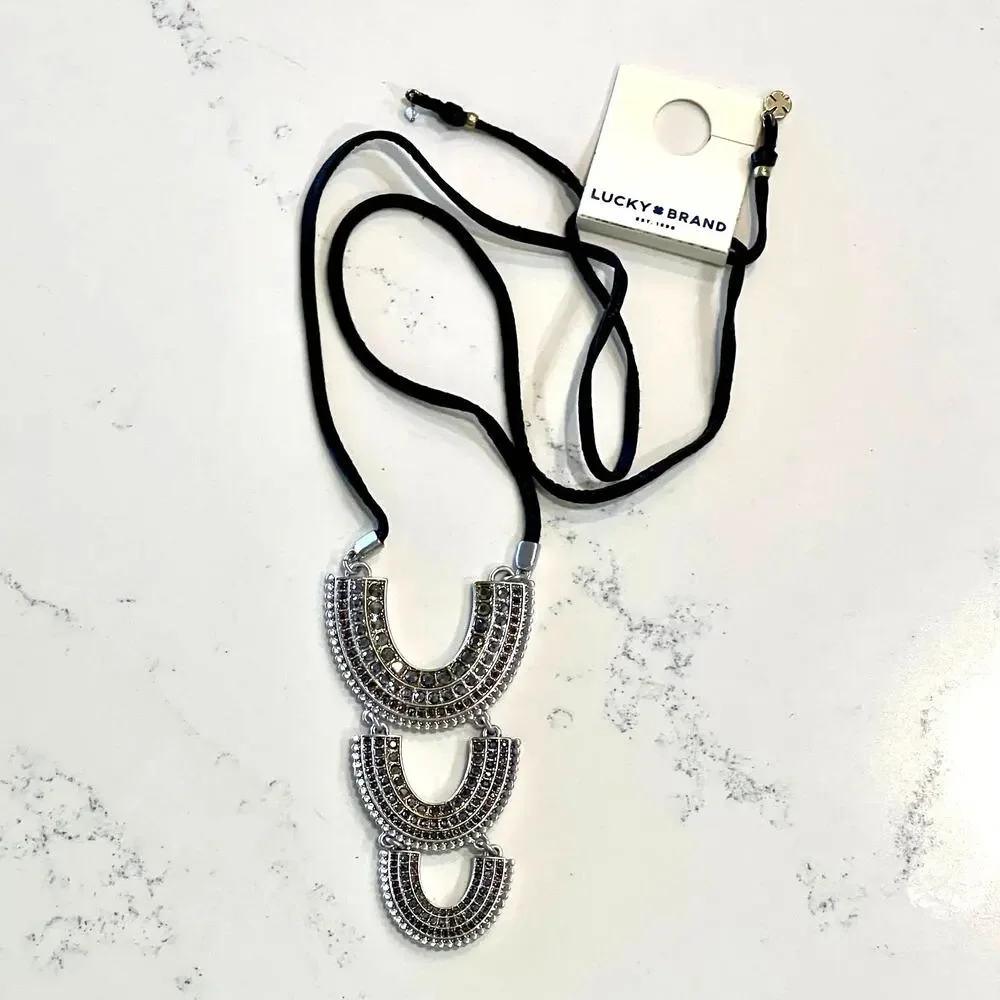 NWT Lucky Brand Pave Leather Arch Silver Boho Pendant Necklace